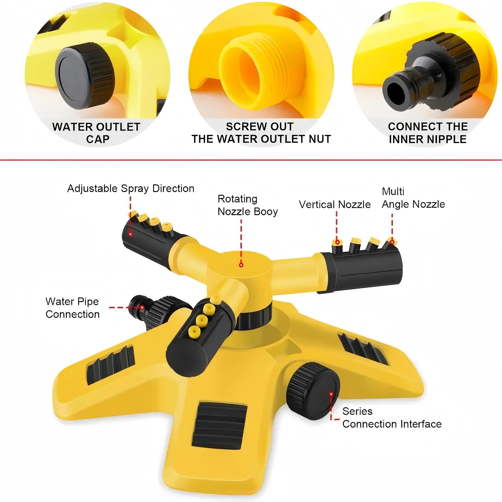 Irrigatore da giardino rotante automatico a 360° per prati, irrigatore da giardino oscillante a 3 bracci con attacco per tubo, sistema di irrigazione automatico per erba (giallo, set da 1,3 cm (15 m)