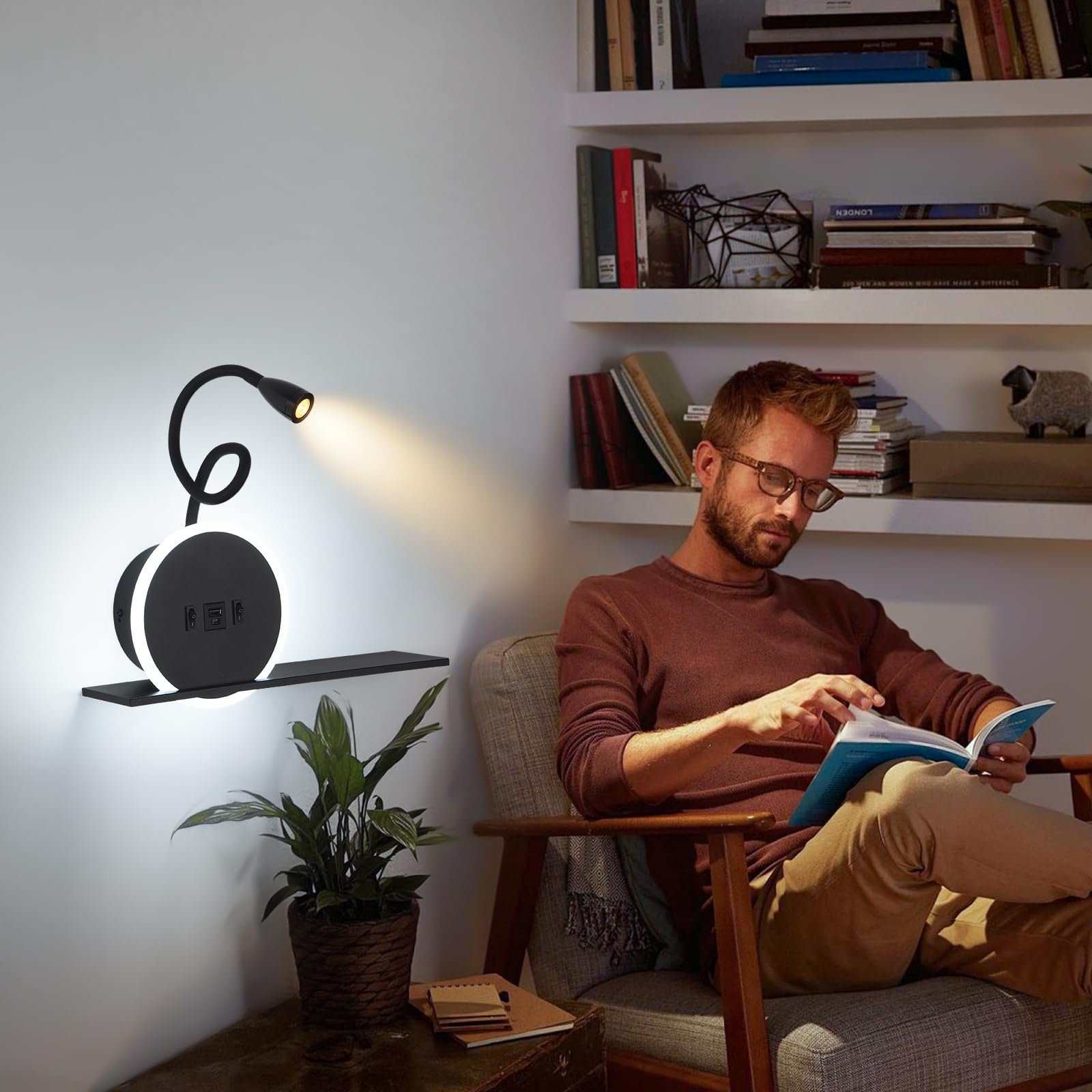 SANSHI Leselampe 2 Stück,Schwenkbar Nachttischlampe mit Schalter,Schwarz | wand Leselicht,USB + TYPE C Ladeanschluss Wandleuchte,3W 3000K + 9W 6000K Beleuchtung,Schlafzimmer Hotels Bettlampe