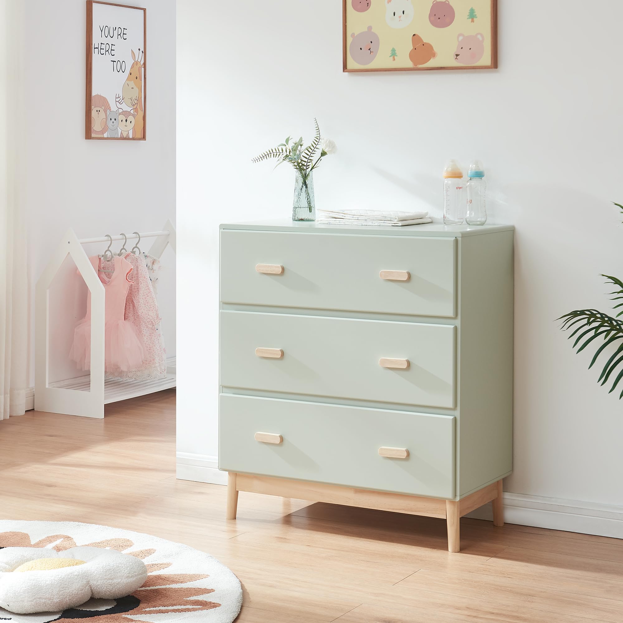 [en.casa] Mueble Cambiador Bebé Sarievn 2 en 1 Cómoda con Cambiador Bebé Cajonera con 3 Cajones para Habitación Infantil Moderno MDF 100 x 80 x 53 cm - Verde Menta
