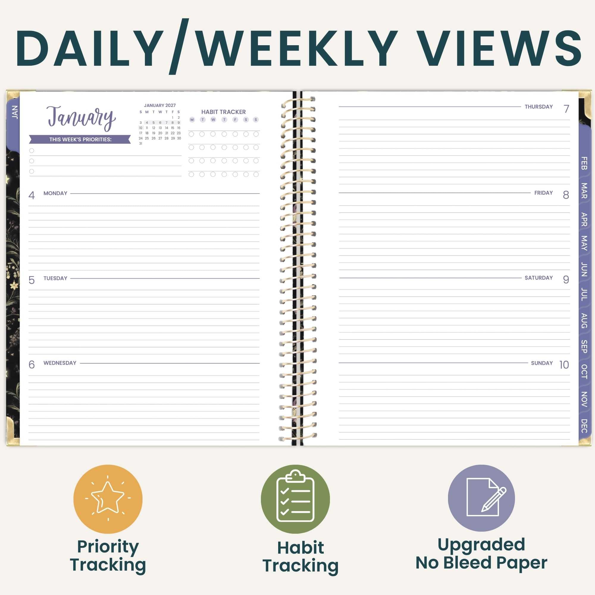 bloom daily planners Hardcover Planner 2027 (21,6 x 27,9 cm) da gennaio a dicembre 2027, agenda per obiettivi da donna, agenda mensile e settimanale ispiratrice - Moonlit Garden