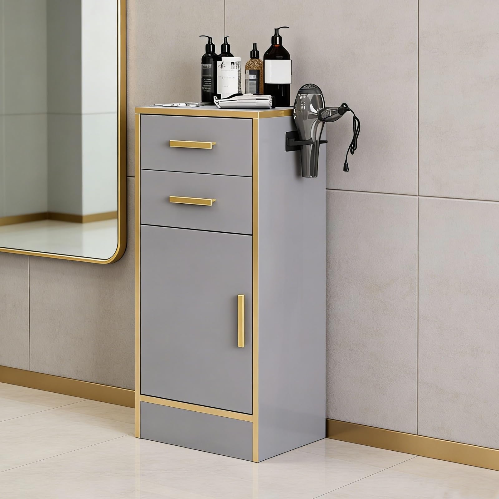 Poste de Travail pour Coiffeur, Meuble de Rangement avec 2 tiroirs et 1 Support pour sèche-Cheveux, Bureau de Coiffure Moderne pour Salon, barbier, Spa (35 * 30 * 80 cm)(Gray)