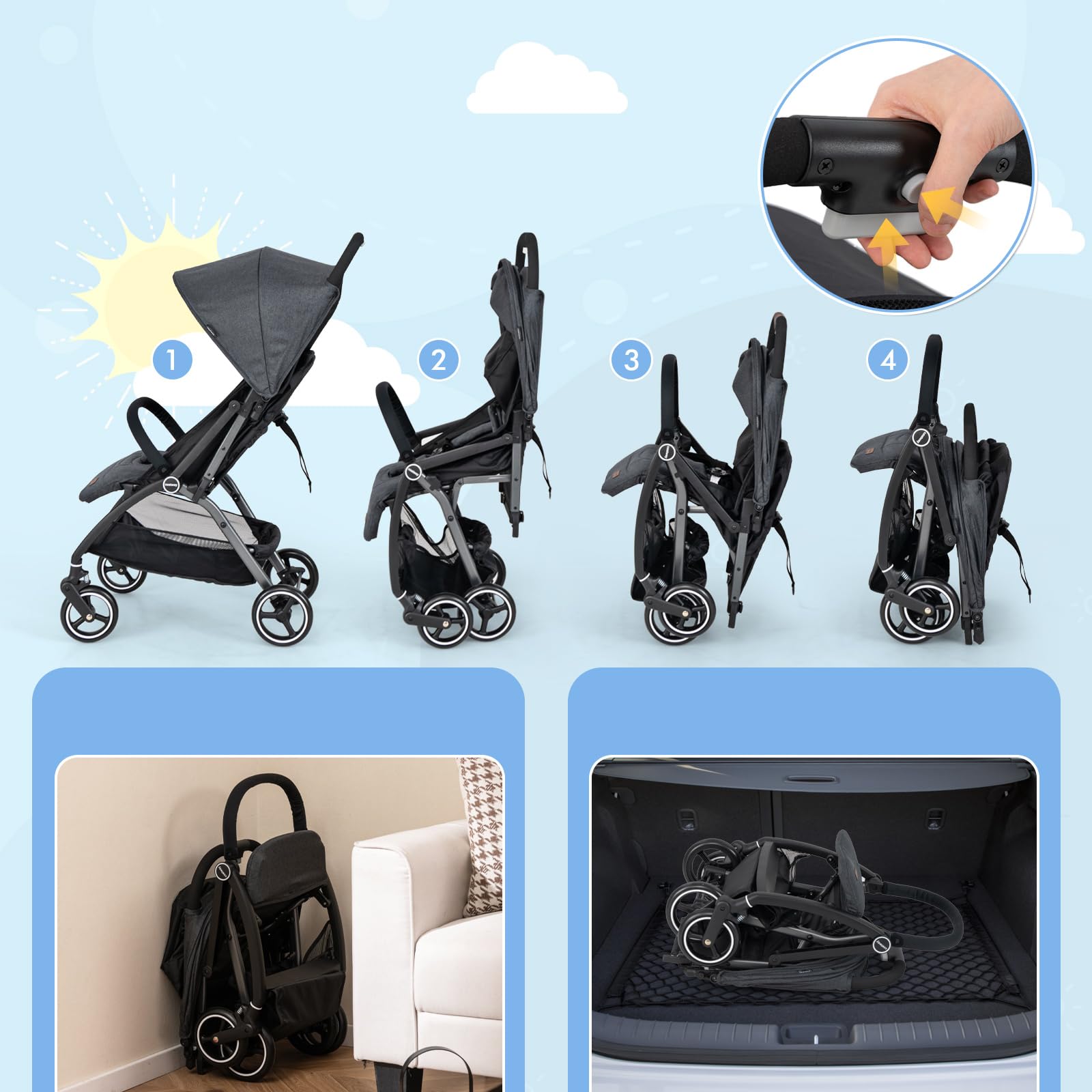 COSTWAY Silla de Paseo Ligera, Carrito Bebe Plegable con Respaldo Ajustable, Capota y Arnés de 5 Puntos, Cesta de Almacenamiento, Plegado con Una Mano, para Bebés de 0 a 36 Meses (Gris)
