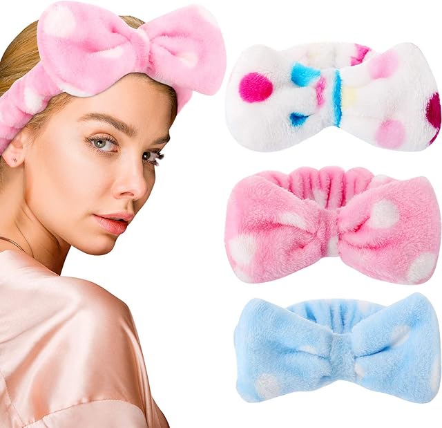 3 Pieces Bowknot Hair Bands Makeup Headbands Bow Hair Wrap Towel Face Makeup Headband Coral Fleece Hair Band Sports Bath Shower Hair Band for Women Girls