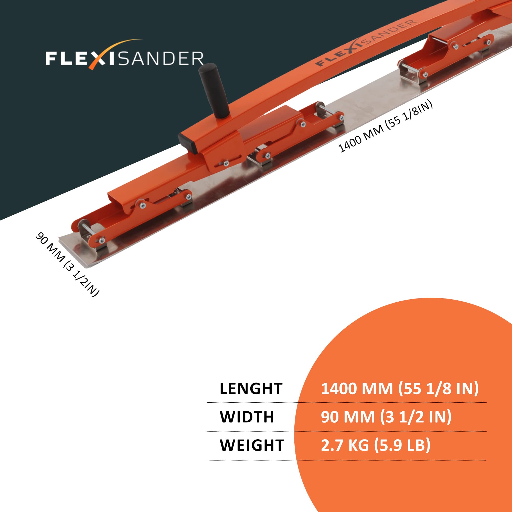 Flexible filler spatula Flexisander FFK140093, 55 1/8 x 3 1/2 in, designed for applying filler to curved, flat surfaces, suitable for vehicle body repairers, shipbuilders, composite, buildings, cars