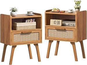 Lerliuo Rattan Nightstands Set of 2, Boho Side Table with Drawer Open Shelf, Cane Accent Bedside End Table with Solid Wood Legs for Bedroom, Dorm and Small Spaces（Tea Brown）