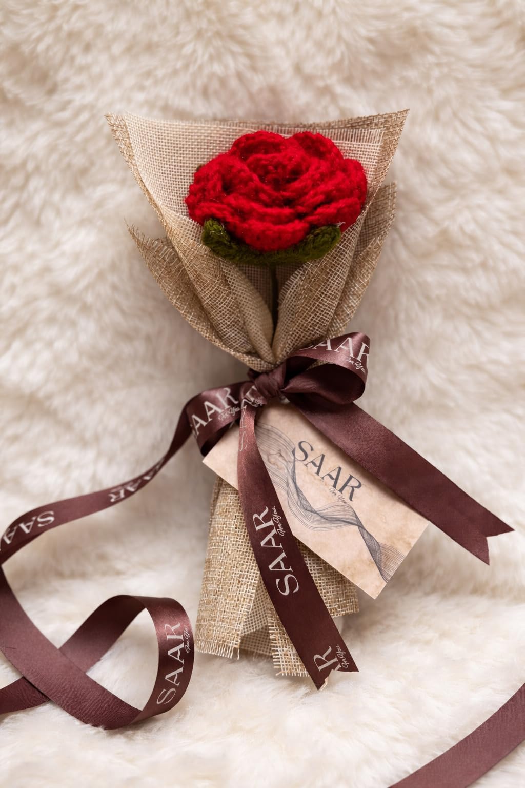 SAAR Handmade Crochet Red Rose with Burlap Wrap, Artisan Crafted Gift Decoration-image-24