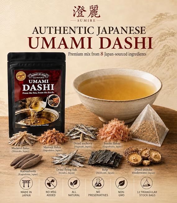 SUMIRE Premium Umami Dashi (8g x 12 Sachets) | 100% Japan-Sourced Ingredients Hokkaido Kelp, Shizuoka Mackerel, Kagoshima Bonito | No MSG, No Preservatives | Authentic Umami Soup Base for Ramen, Miso Soup & Hot Pot