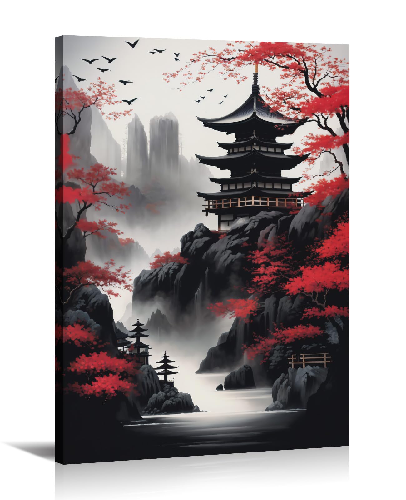 KPLUNDO Japanese Wall Art Asian Landscape Canvas Prints Red and Black Cherry Blossom Trees Picture Vintage Painting for Bathroom Living Room Bedroom Home Wall Decor(Art-1,16.00x24.00 inch)