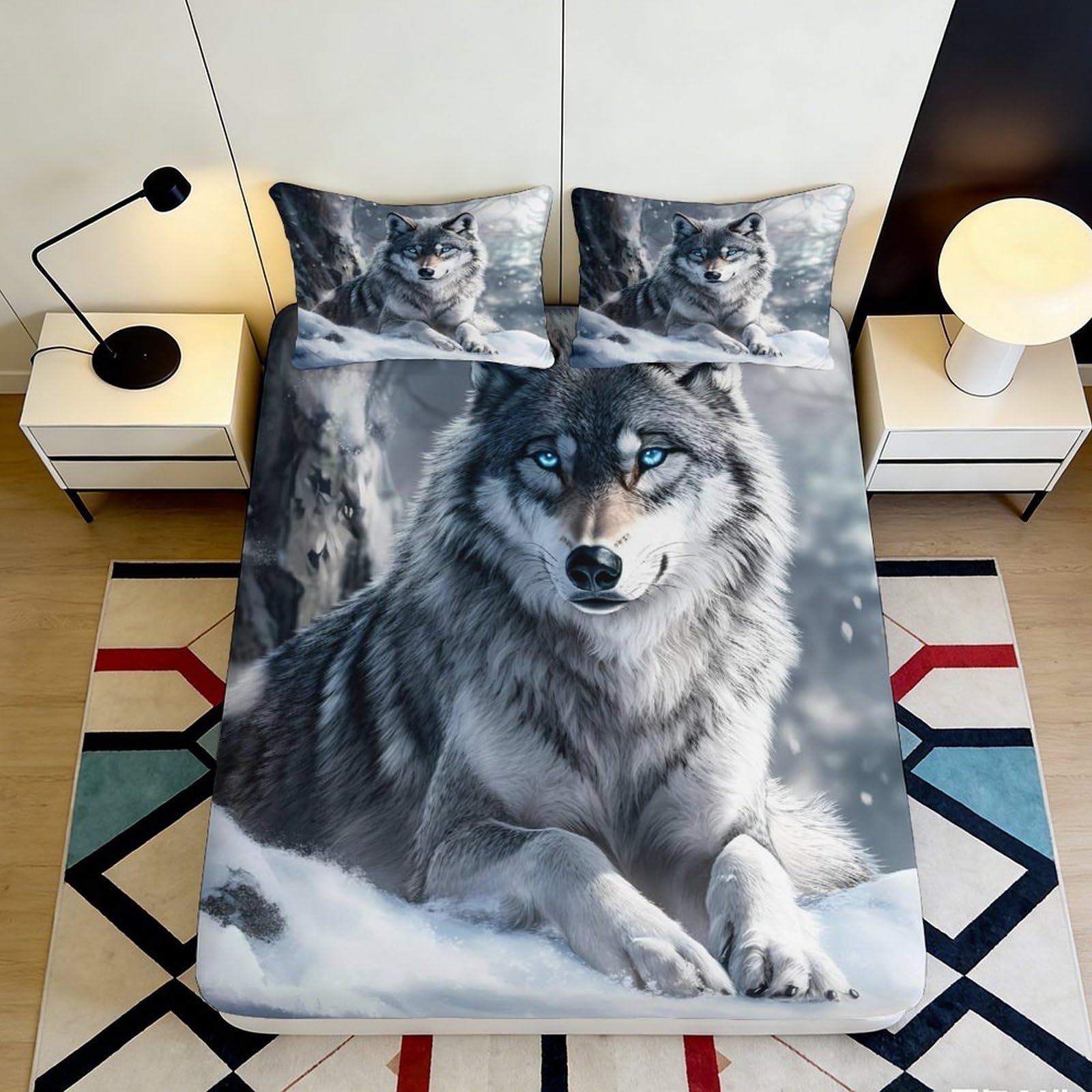3D Printed Wolf Forest Fitted Sheet Microfiber Bedroom Decor Snow Wilderness Mattress Cover for Home Dorm 90x200x25cm