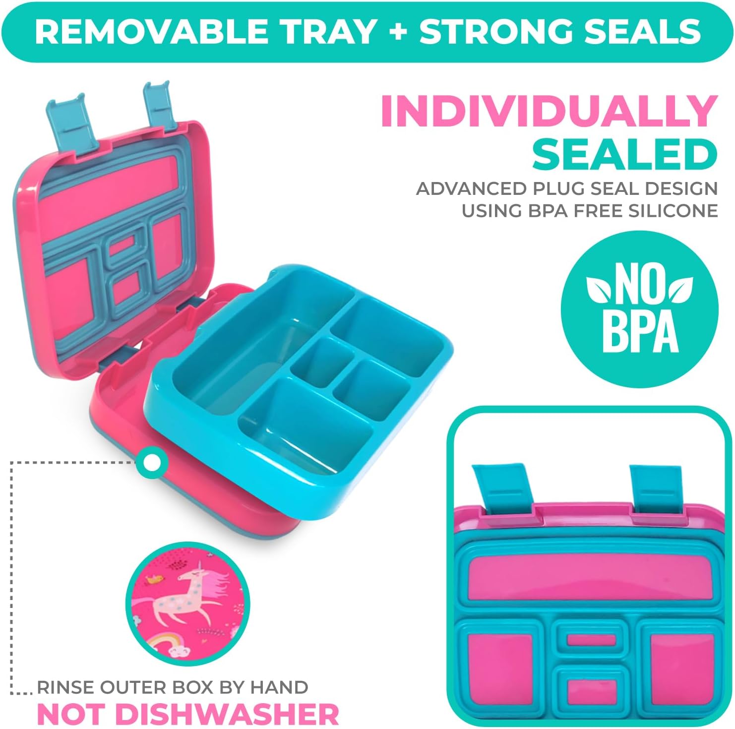 kinsho Bento Lunch Box for Kids Toddlers Boys Girls, 5 Portion Sections Secure Lid, Microwave Safe BPA Free Removable Tray, Pre-School Kid Daycare Lunches Snack Container, Unicorn Dinosaur 2 pack - Image 4