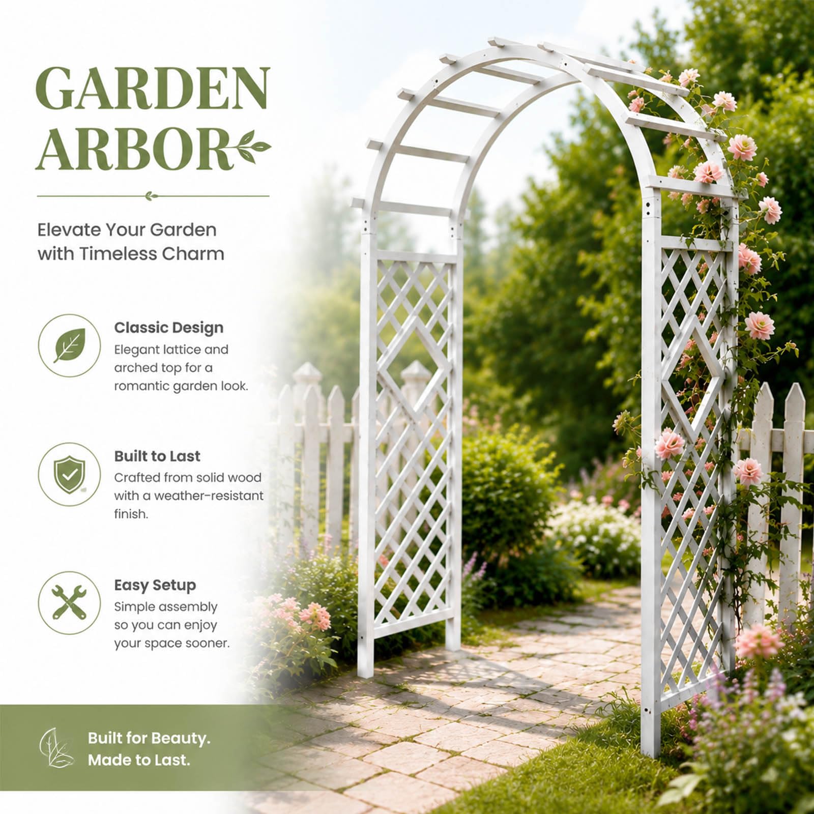 Weißer hölzerner Gartenbogen Rankgitter für Kletterpflanzen, solide Outdoor-Gartenlaube, Pera-Dekor, perfekt für Hochzeiten, Terrasse, Ln Zeremonie, Hintergrund (1 m x 2,1 m) – Verbessern Sie Ihre