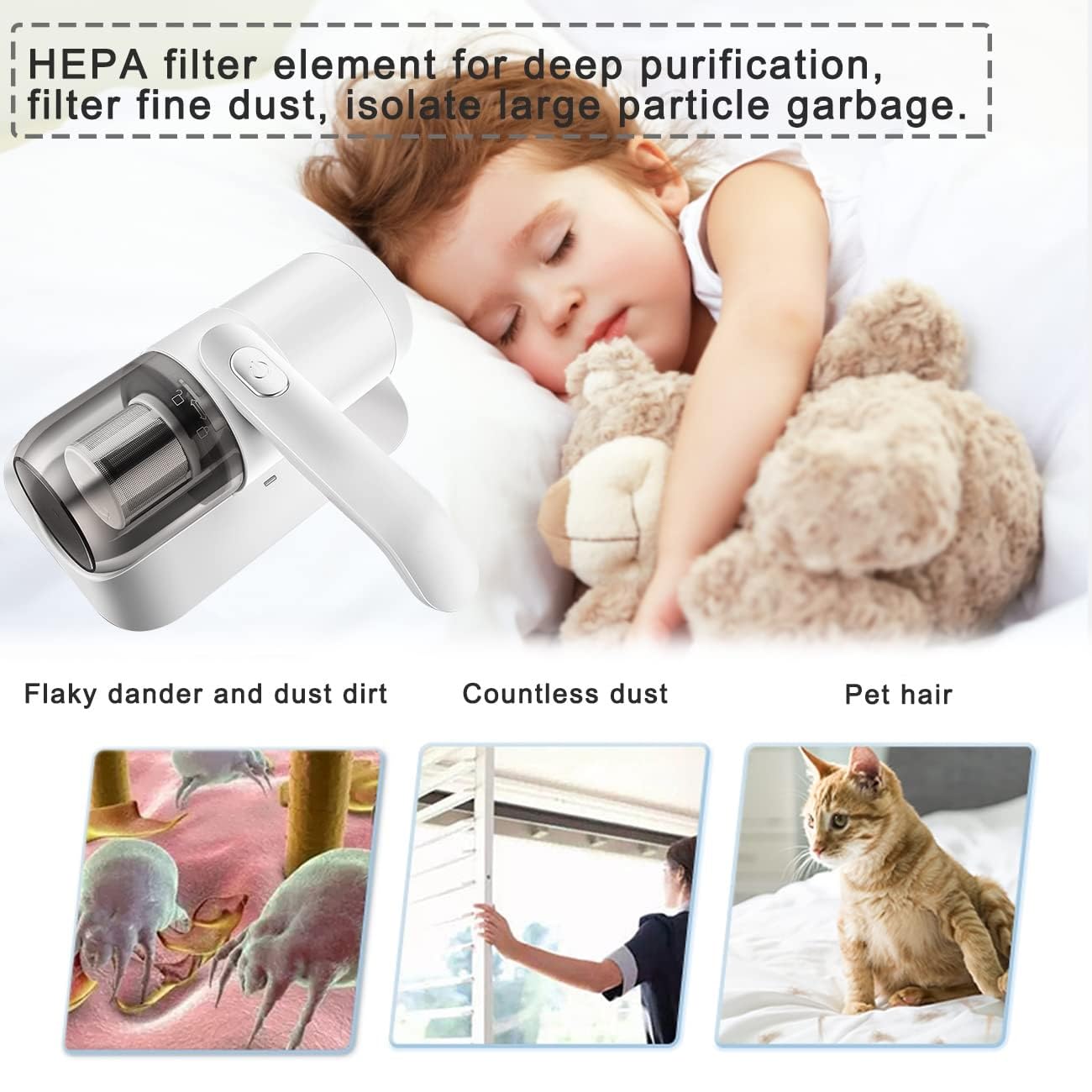 Aspiradora para el hogar, dispositivo de limpieza de colchones y alfombras con lámpara UV, ligero e inalámbrico para eliminar eficazmente el polvo y los ácaros