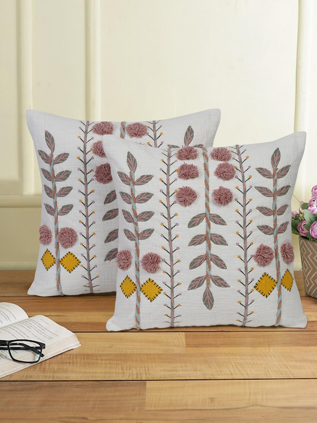 eyda Embroidered Cushion Covers, Set of 2, 18"X18", Decorative Cotton Cushion Covers for Sofa, Sleeping Pillow Cover for Bed and Couch, Square Shape Covers for Cushions and Pillows for Home Décor (B0CFF768S9) Amazon Price History, Amazon Price Tracker
