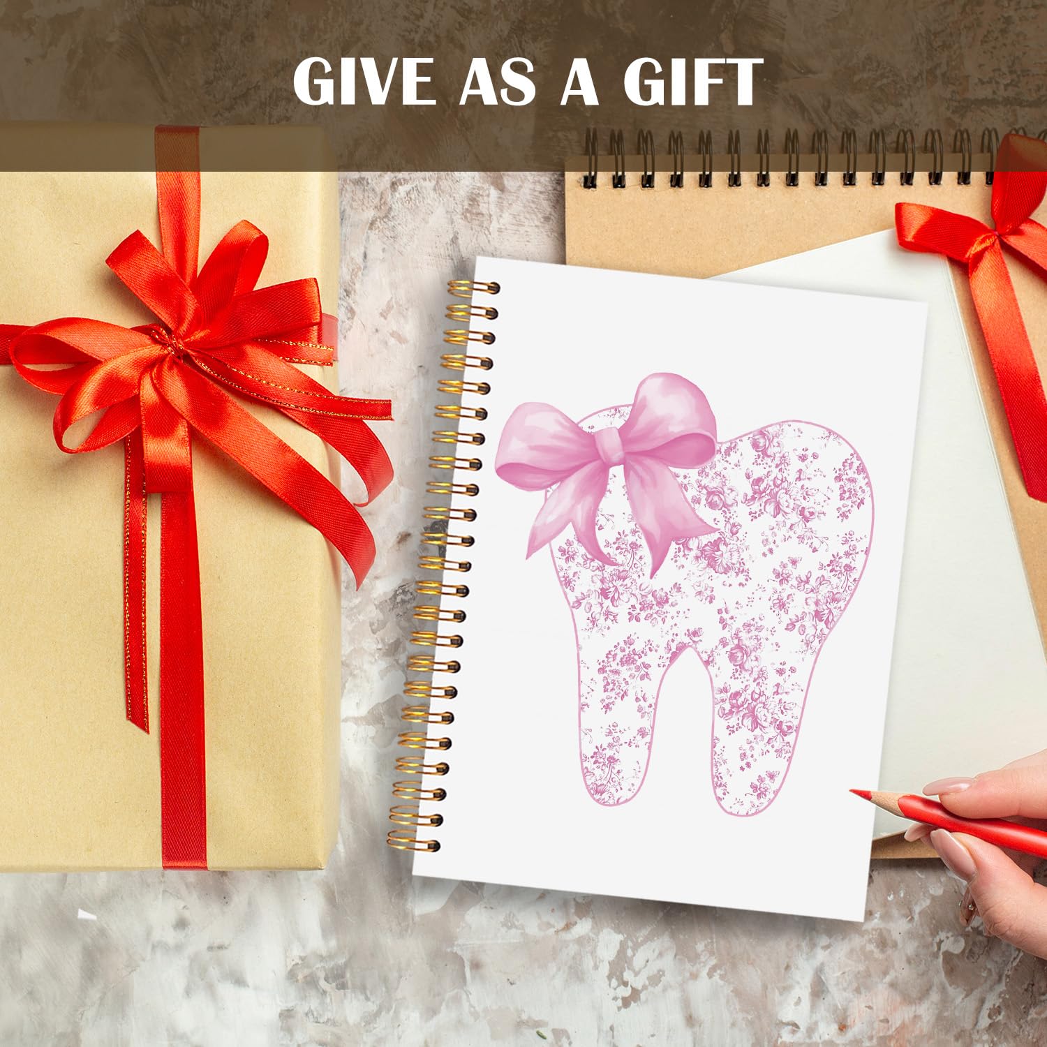 Dentist Gifts Pink Spiral Notebook Journal Dentist Dental Gifts for Women Notebooks for Note Taking Coquette Bow Chinoiserie — view 6