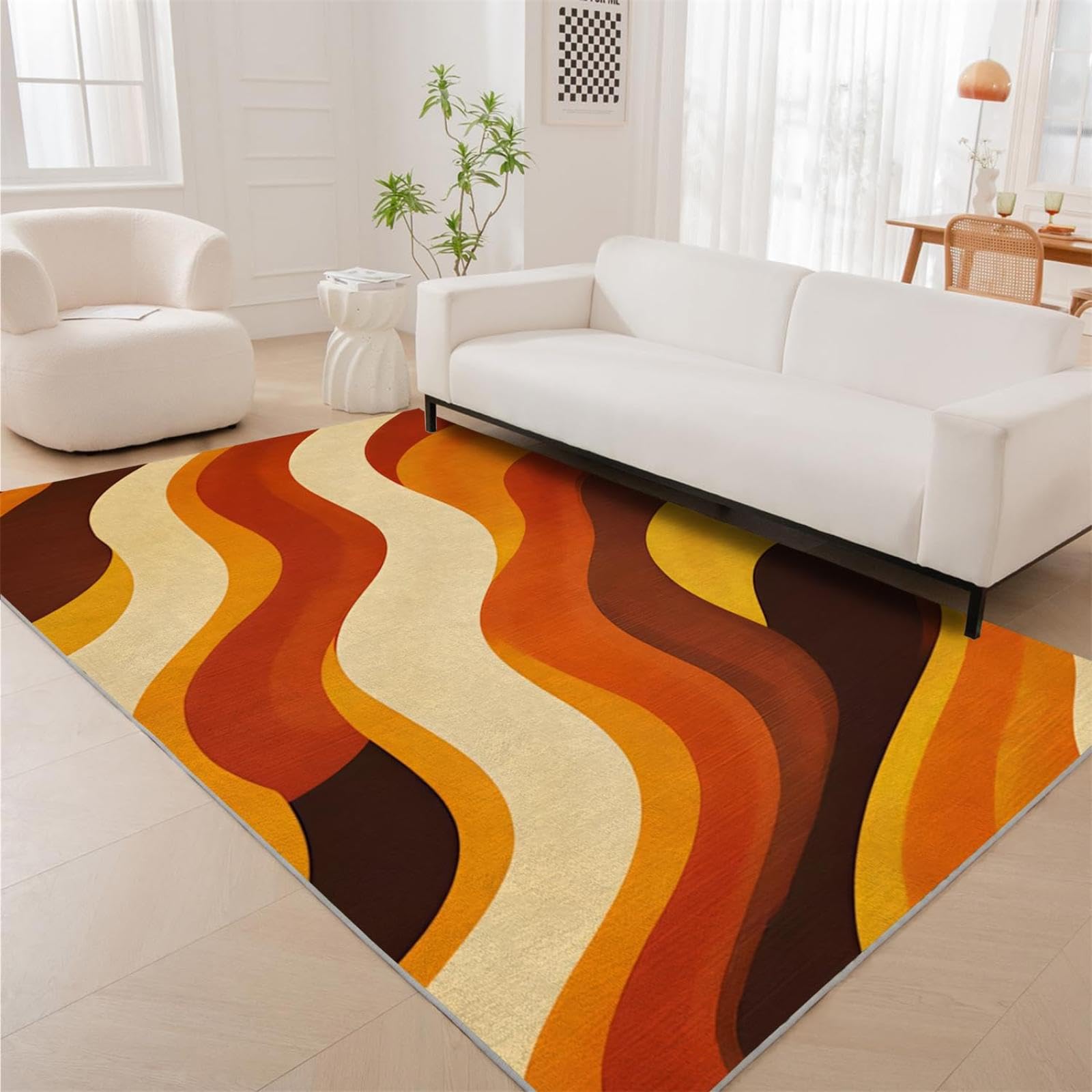 Tapis rétro Groovy Abstrait coloré aux Formes ondulées - Moderne - pour Salon, Chambre à Coucher - Orange - Doux, Lavable, antidérapant - Style bohème - 120 x 170 cm