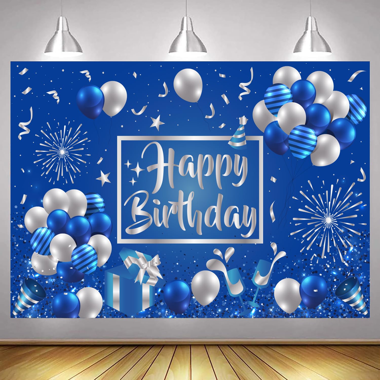 Blue and Silver Birthday Backdrop Indoor Outdoor Decorations Birthday Party Supplies Photography Background for Favor Boys Girls Kids Men Women 5x3ft