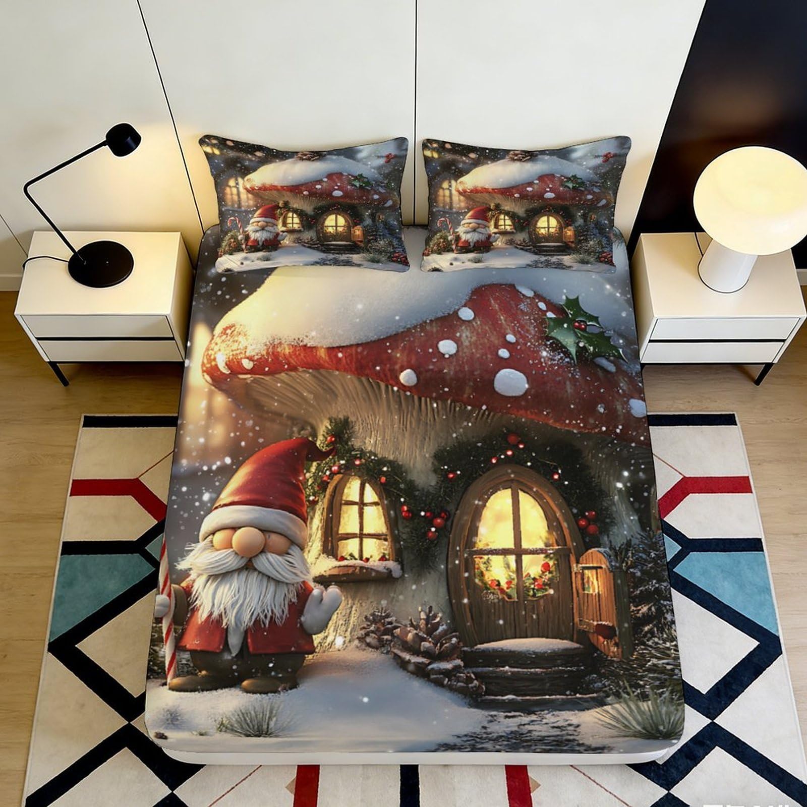 3D Printed Christmas Gnome Fitted Sheet Microfiber Soft Breathable Snowy Mushroom Mattress Cover for Bedroom Dormitory Guest Room Decoration 120x200x25cm
