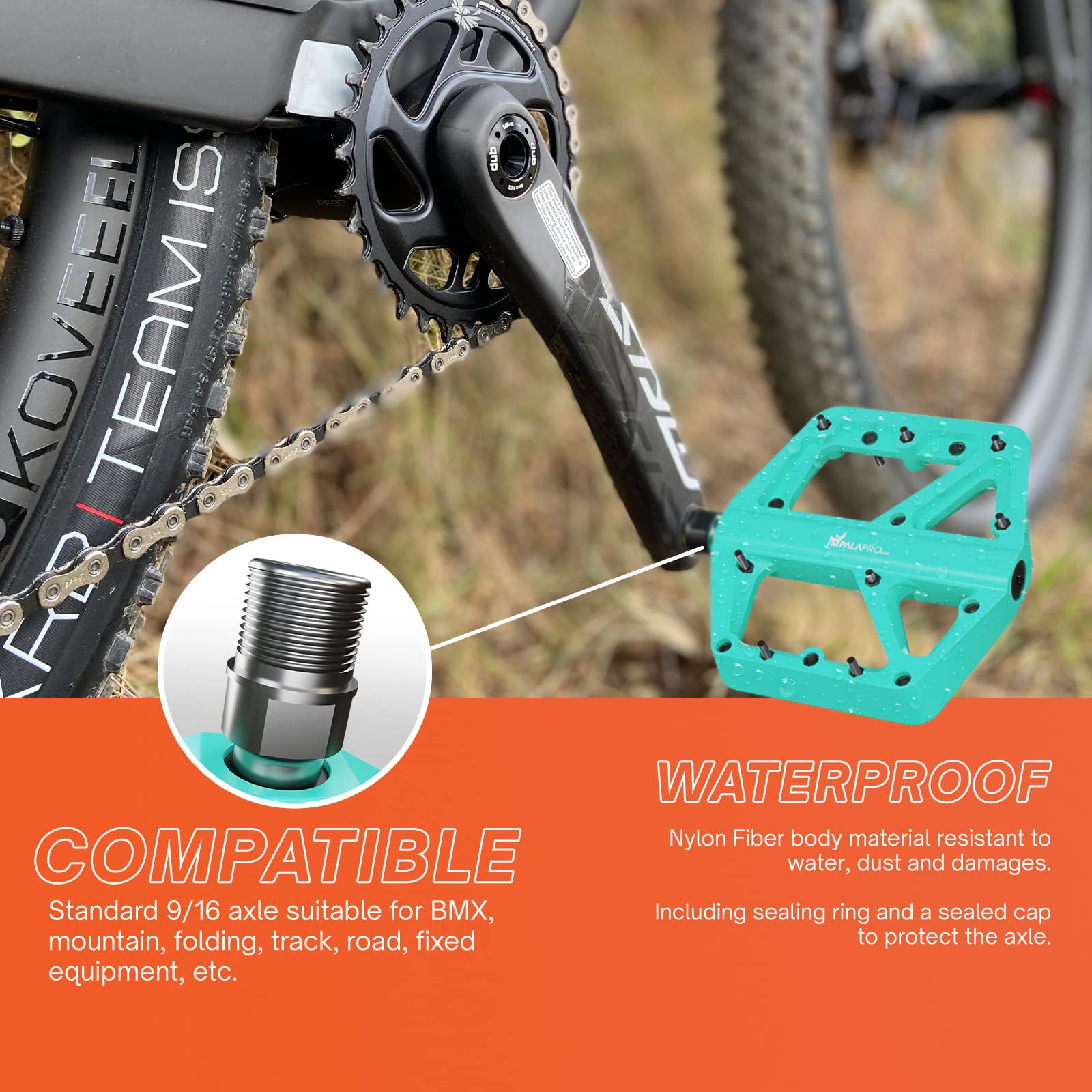 IMPALAPRO - Pedali MTB Flat In Nylon Asse 9/16" Universali Sealed Cuscinetto - Pedali Bici Antiscivolo - Pedali Bici Corsa - Pedali BMX - Pedali Bicicletta - Pedali Flat Mtb