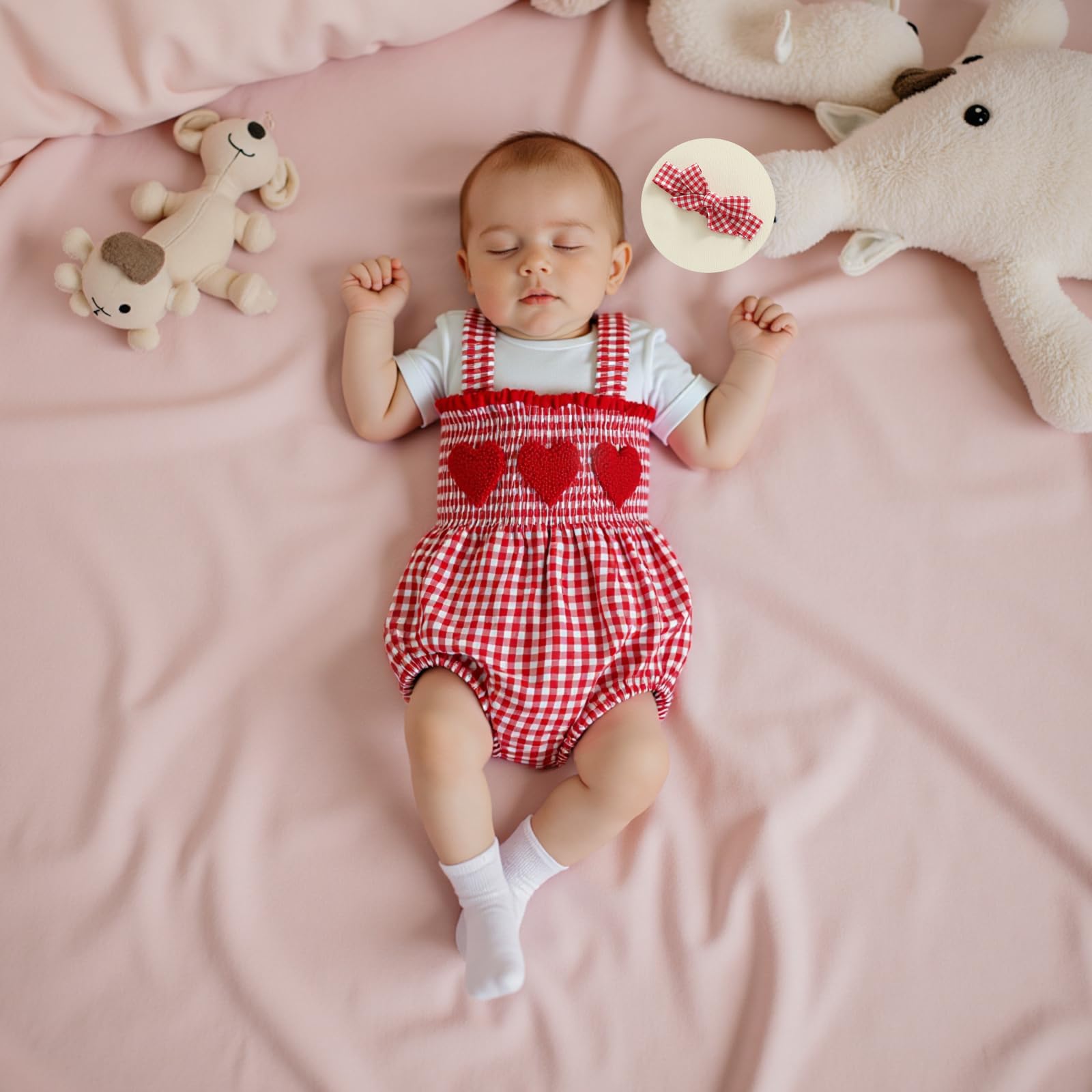 Acrawnni Newborn Infant Baby Girl 1st Valentine's Day Outfit Plaid Heart Sleeveless Suspender Jumpsuit with Headbands Sets (A-Red - Image 2