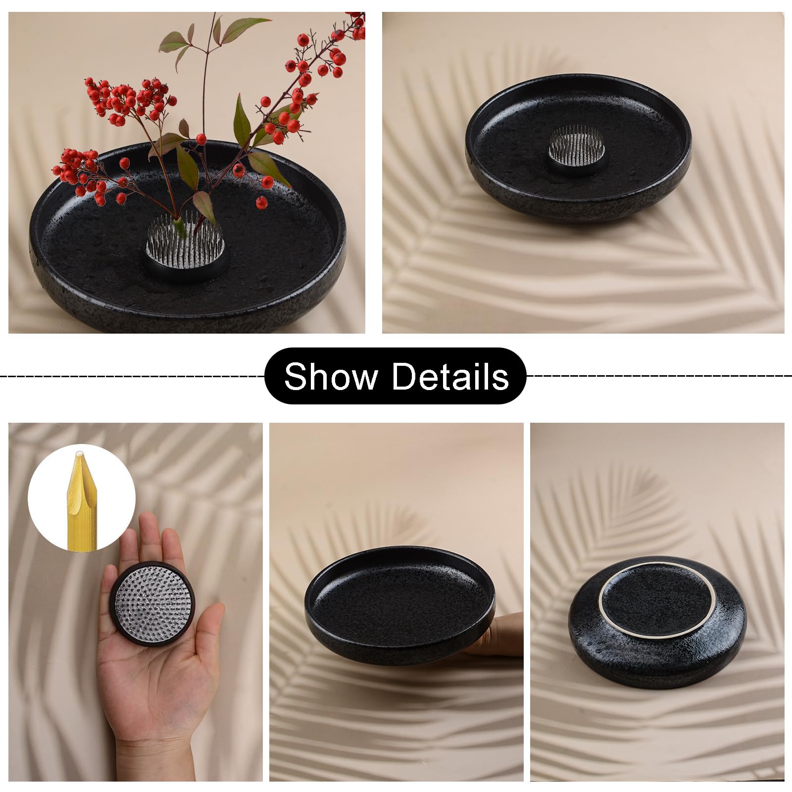 WANDIC Forniture per composizioni Floreali, Ikebana Fiore di Rana in Ceramica Tondo Poco Profondo Kenzan 6 cm, per la Decorazione Floreale di casa, Nero maculato (L)