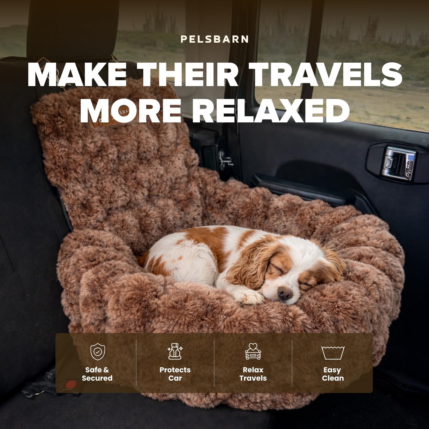 Pelsbarn Luxurious Cozy Car Bed - Small Luxury Travel Dog Bed with Safety Belt - Ultra Soft Faux Fur - Brown