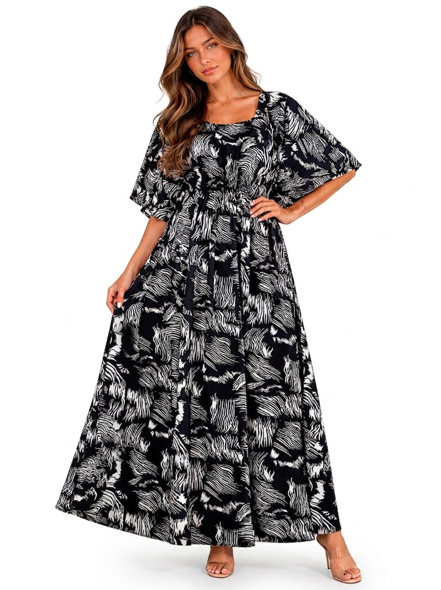 hussy Women's Flared Maxi Dress – Elasticated Waist, Black and White Abstract Print Casual Dress with Square Neck & Flutter Sleeves-picture-34