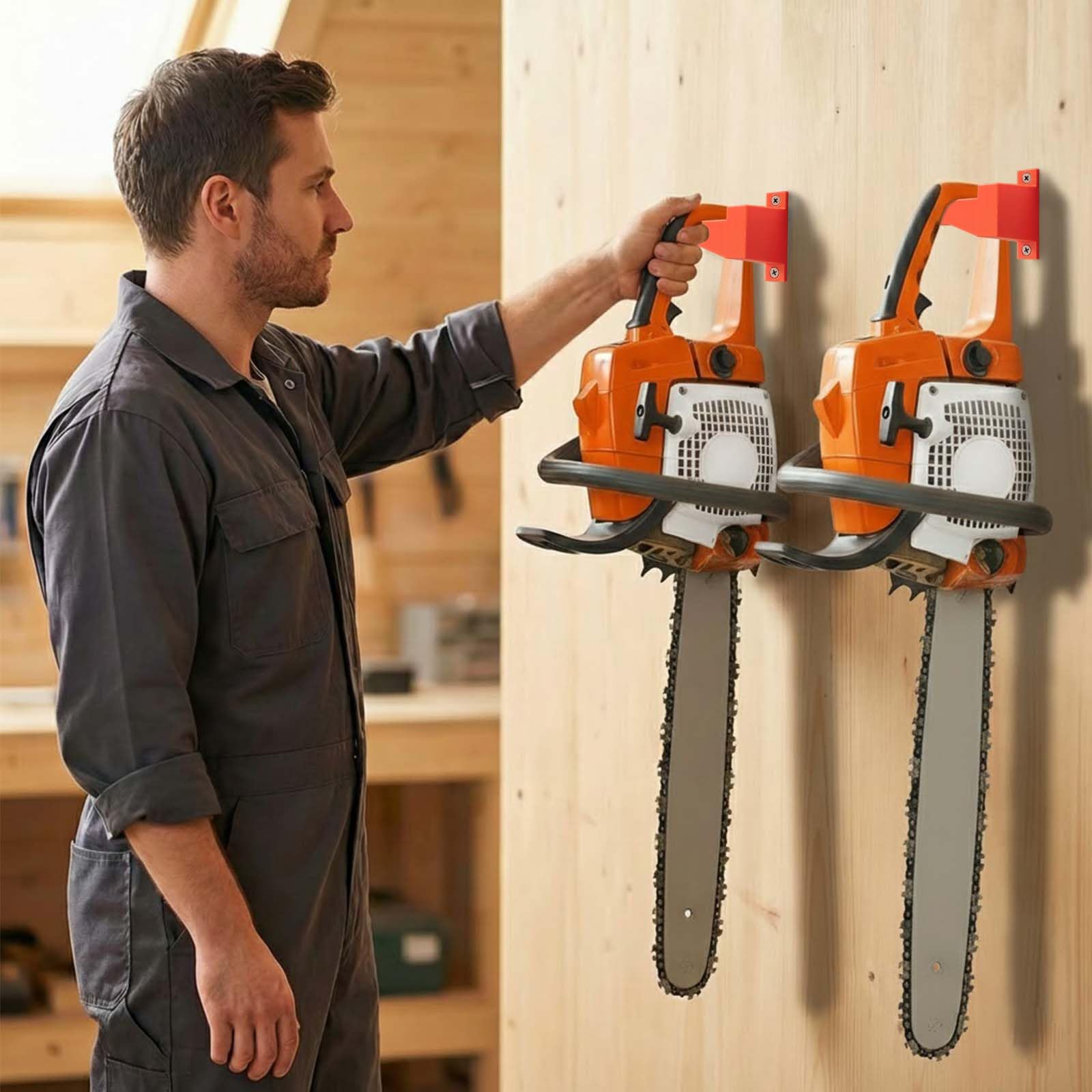 2 Stück Verstärkte Motorsägenhalter passend für Kettensägen (z. B. MS-Serie 170 180 211), Hochfeste Motorsägen Wandhalterung, Orange, Inkl. 4 Edelstahlschrauben