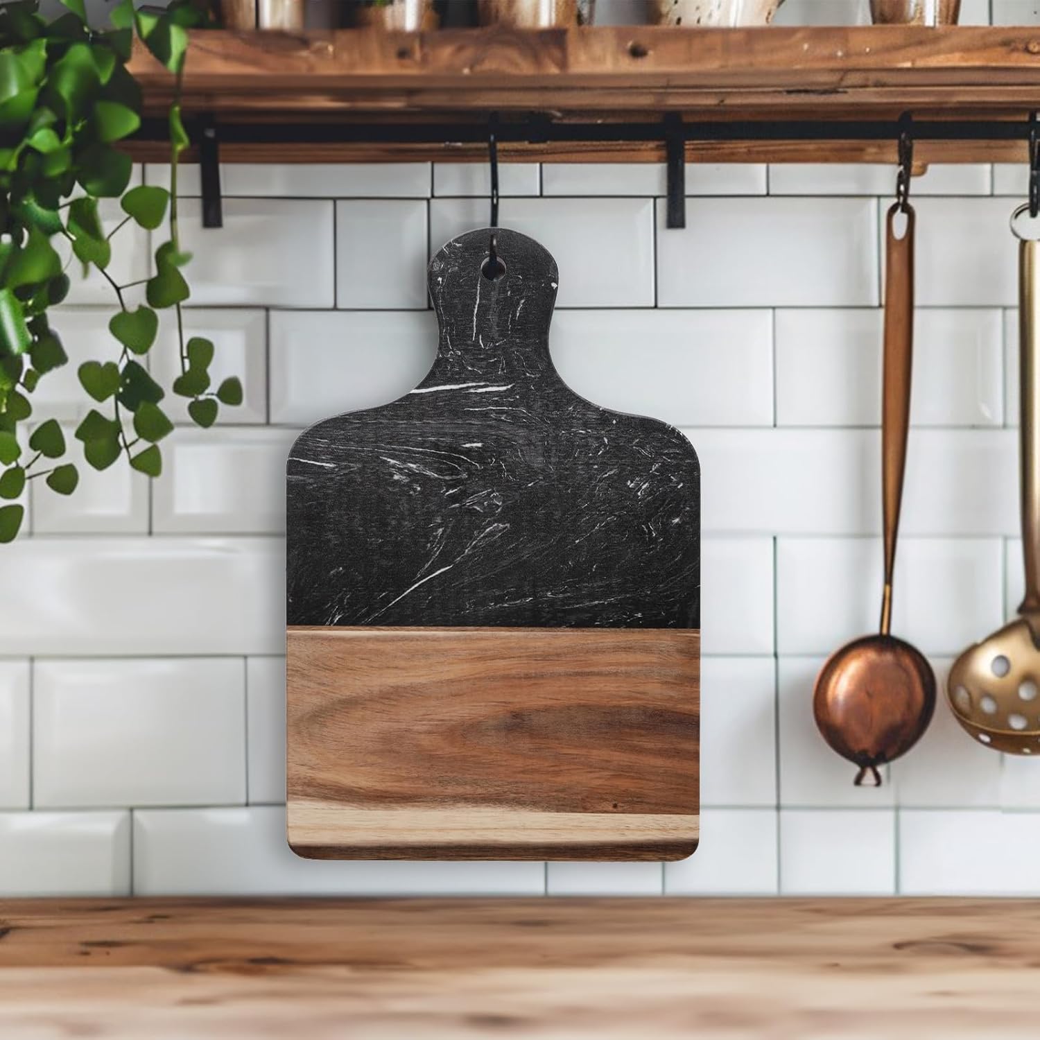 Coloch Marble and Acacia Wood Cutting Board, Black Charcuterie Chopping Board with Handle, Decorative Serving Board for Cheese, Steak, Bread, Fruit