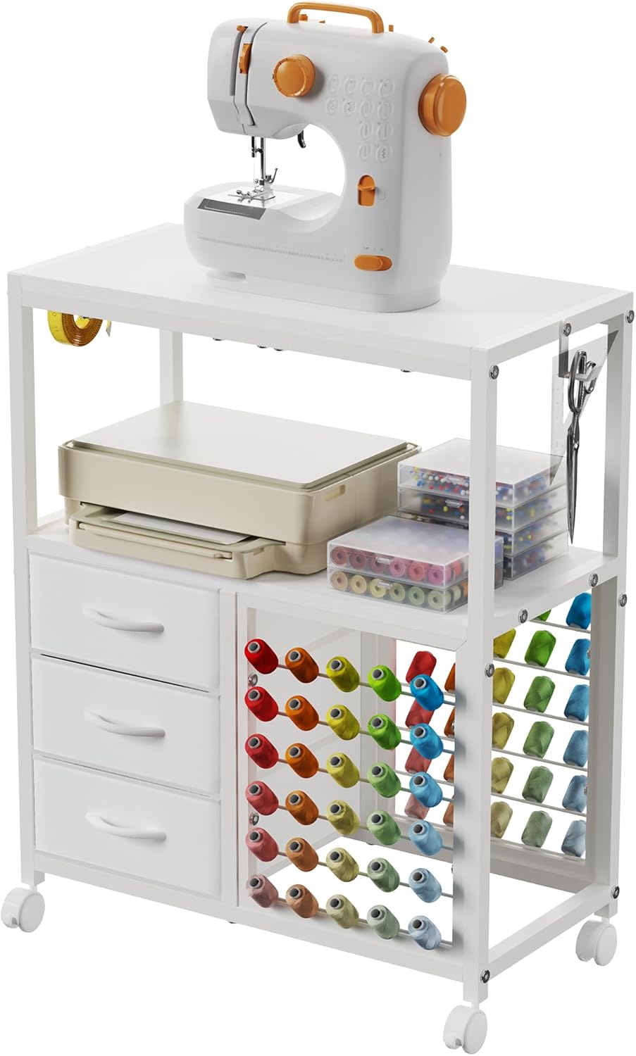 Sewing Table with 60 Spools Thread Holder and 3 Fabric Drawers, Rolling Sewing Machine Table for Storage Embroidery Machine, Rolling Craft Table Cart for Sewing Organizer, White, Patent Pending