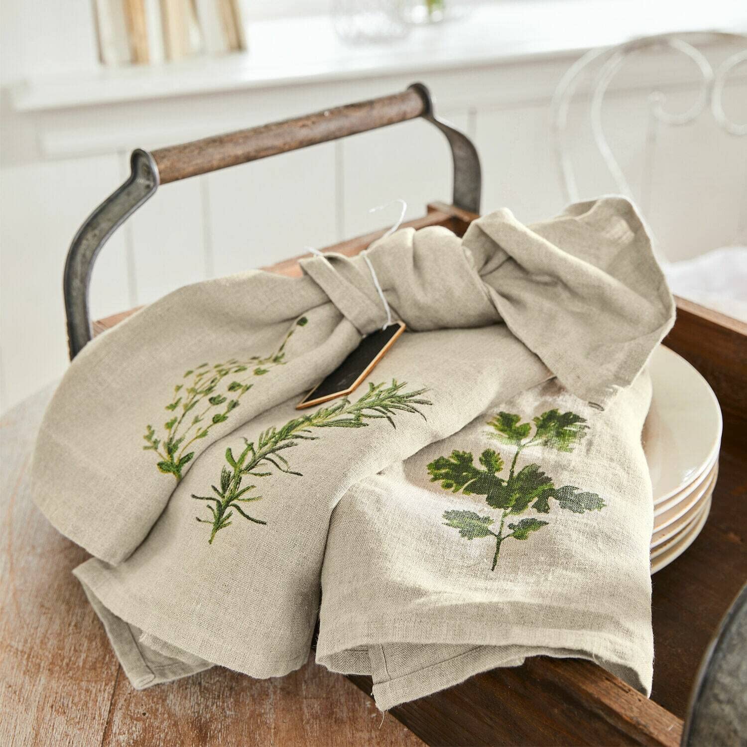 LOBERON Geschirrtuch 3er Set Herbal Gardens, mit charmantem Kräuter-Print, sommerliches Design, Geschirrhandtücher, Küchentextilien, Küchentücher, Leinen, beige/grün