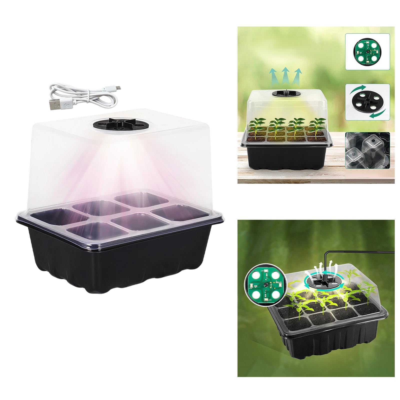 【発芽率アップ・ライト付き】育苗トレイ 穴あき箱 ライト付き育苗ポット 6/12穴 植え付け種子トレイ 透明カバー 発芽率向上 通気性 排水性良好 室内栽培 プランター 種まきハウス 苗箱 水耕栽培 ガーデニング 家庭菜園用 発芽育苗セット 植物育成, ブラック 6 スロット - 5
