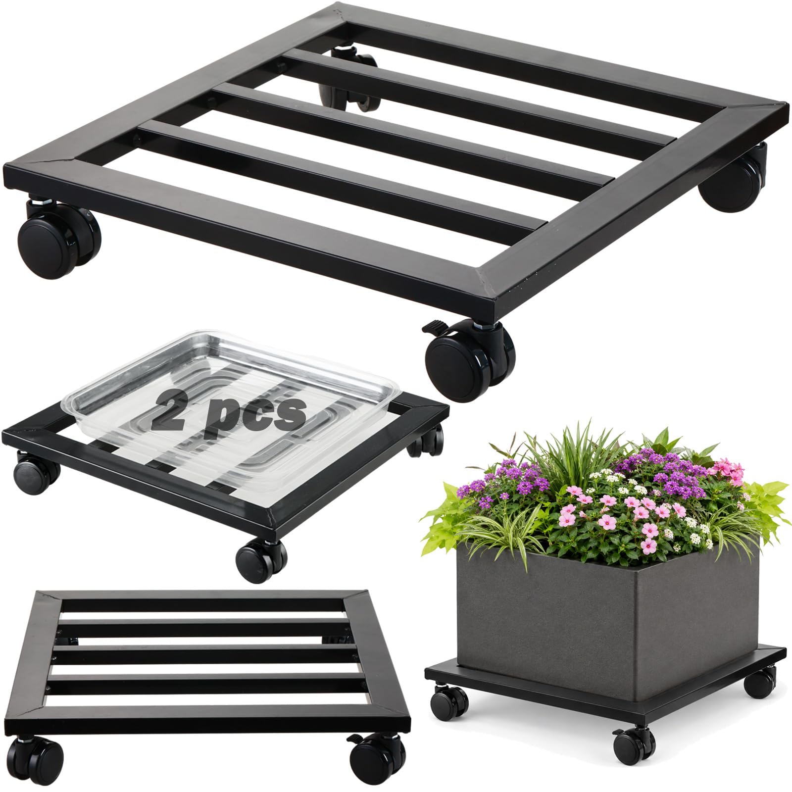 2 Packs 16 inches Extra-Large Metal Plant Caddy with PU Wheels Square Planter Dolly Pot Mover Rollers Iron Rolling Wheeled Plant Stands Indoor Outdoor Plant Holder Coaster Trolley, Black