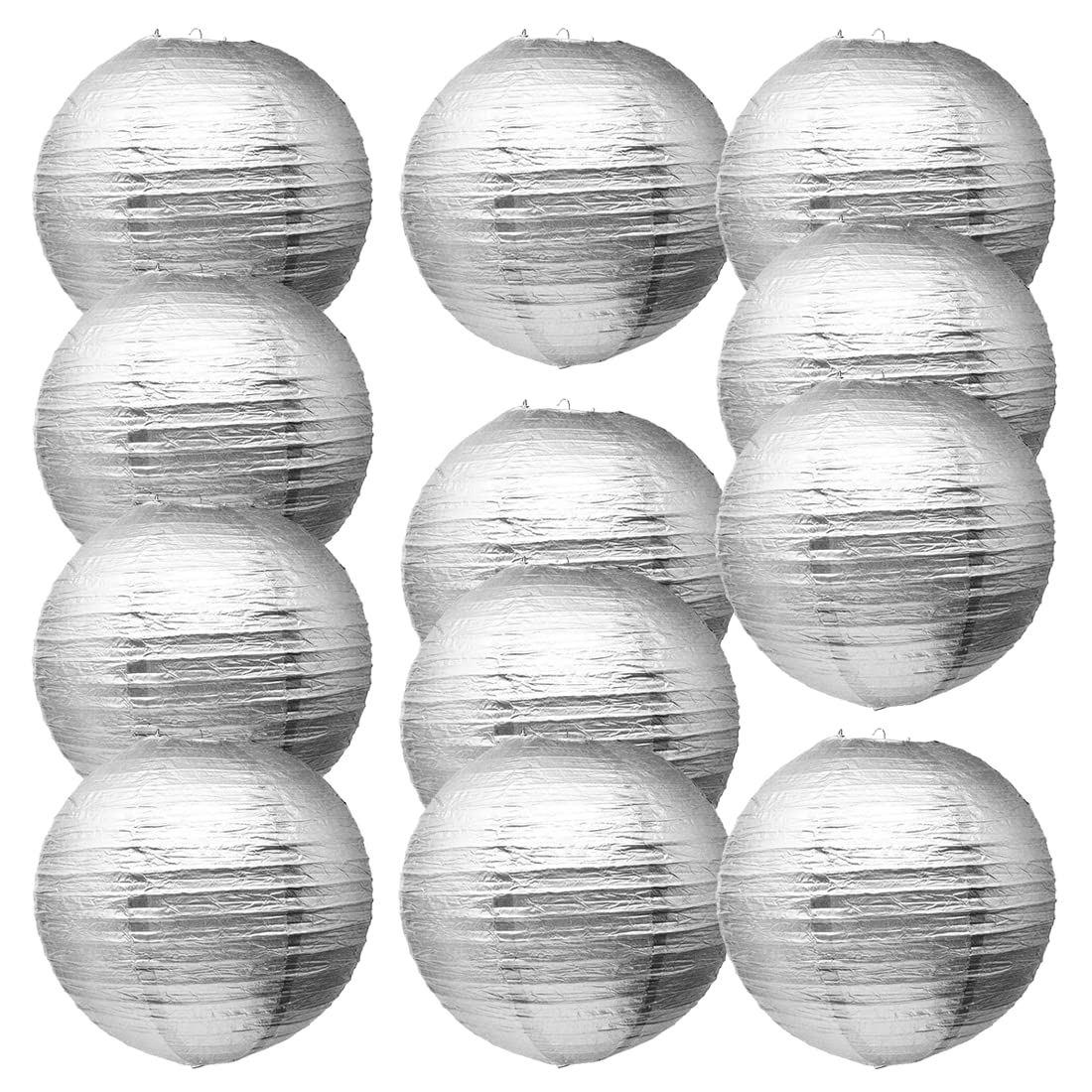 FOCLOVER 12 Piece Set 6''-14" Even Ribbed Round Paper Lanterns in 25 for All Kinds of Party Decorations (Silver, 14inch)