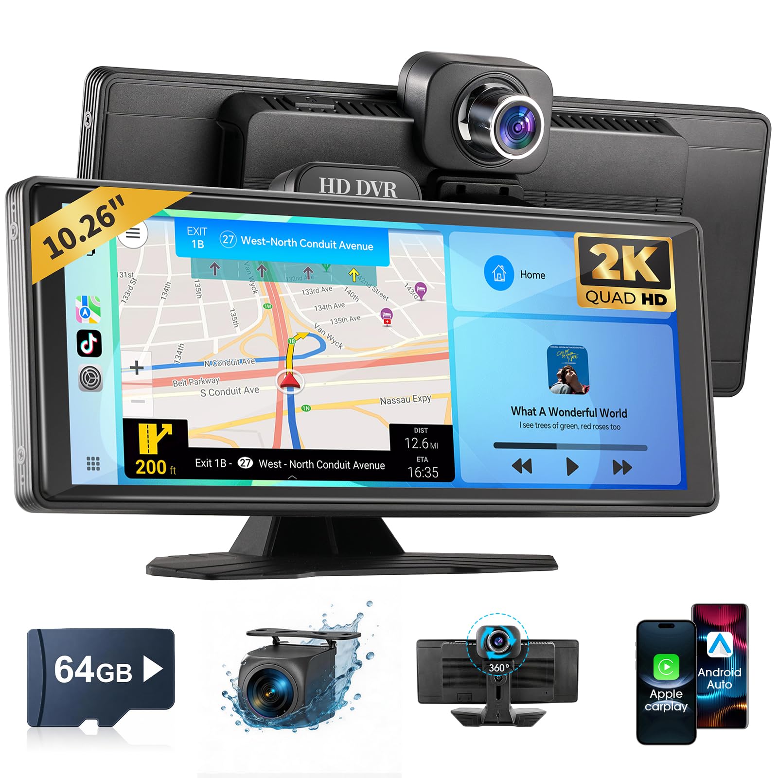 Haudio Écran CarPlay 10,26 Pouces, CarPlay et Android Auto Sans Fil, Autoradio Portable avec DVR 2K, Caméra de Recul 1080P,Bluetooth,Commande Vocale,Radio AUX/FM, Carte TF 64G pour Toutes les Voitures