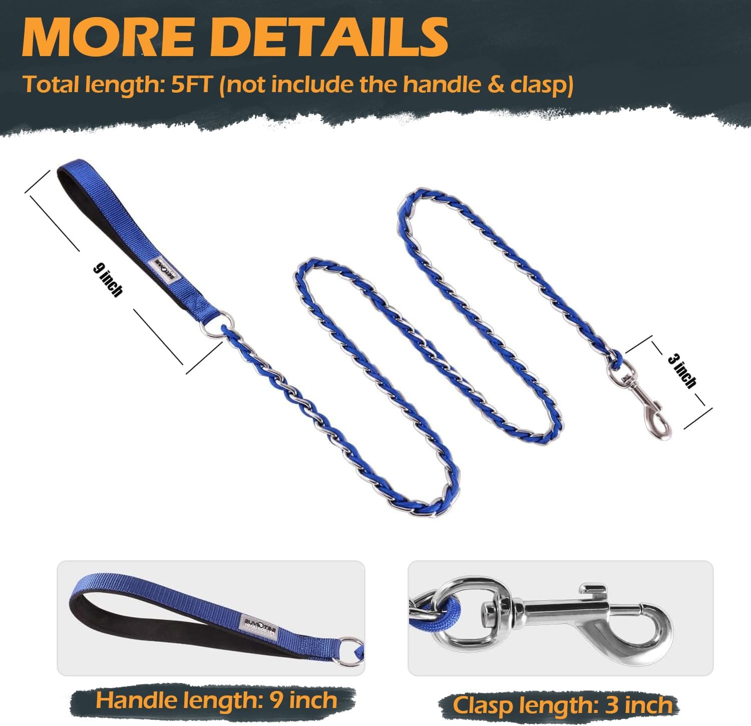 Chain Dog Leash Chew Proof Metal Leash for Medium Large Dogs, Chain Link Dog Anti Chew 5.2FT / 4FT Strong Anti Bite Comfortable Soft Padded Handle (Blue, 5FT(80-150lb))