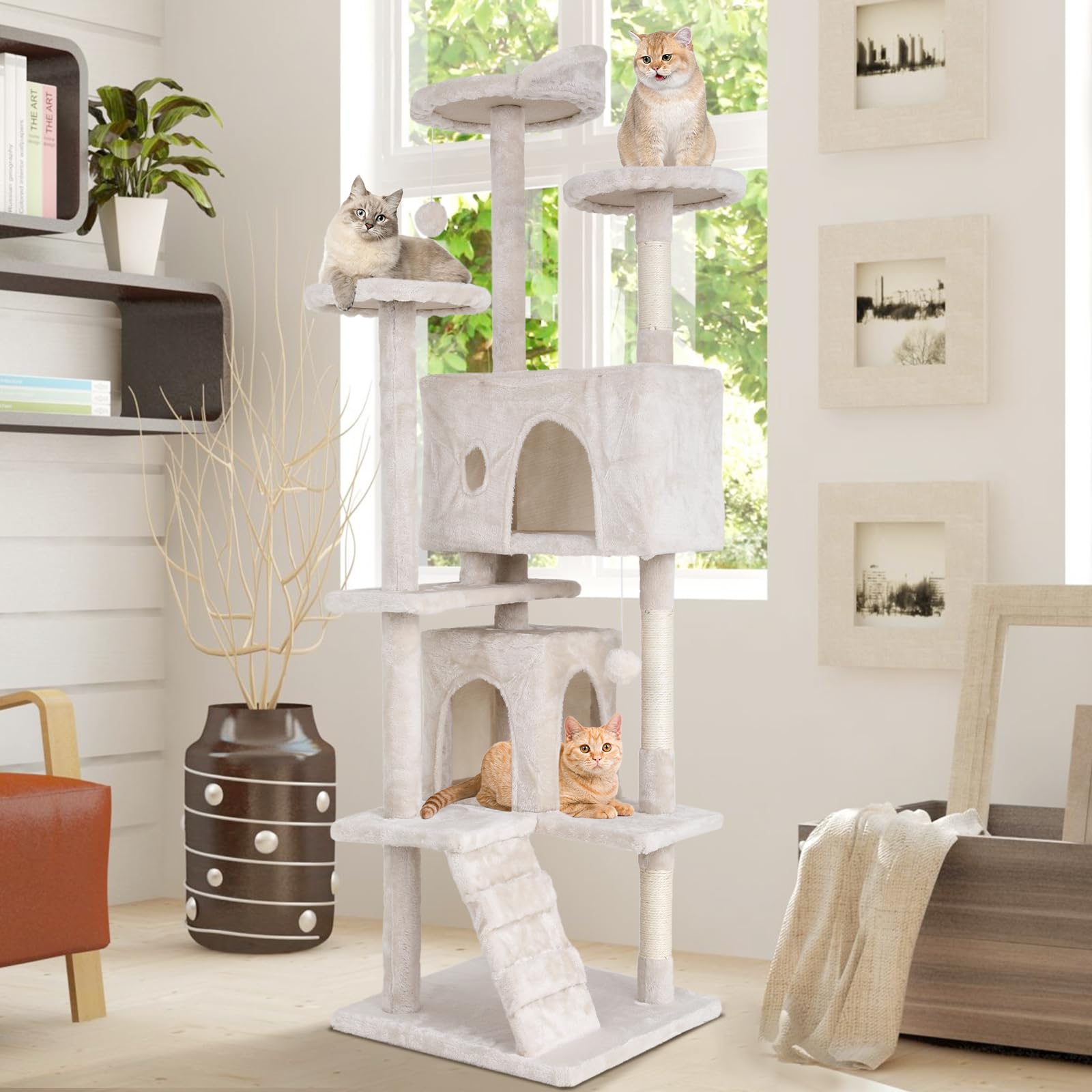 Cat Tree with Scratching Post,Cat Tower House for Indoor Large Adult Cats Kittens,21" Multi-Level Activity Cat Cando Furniture,Beige