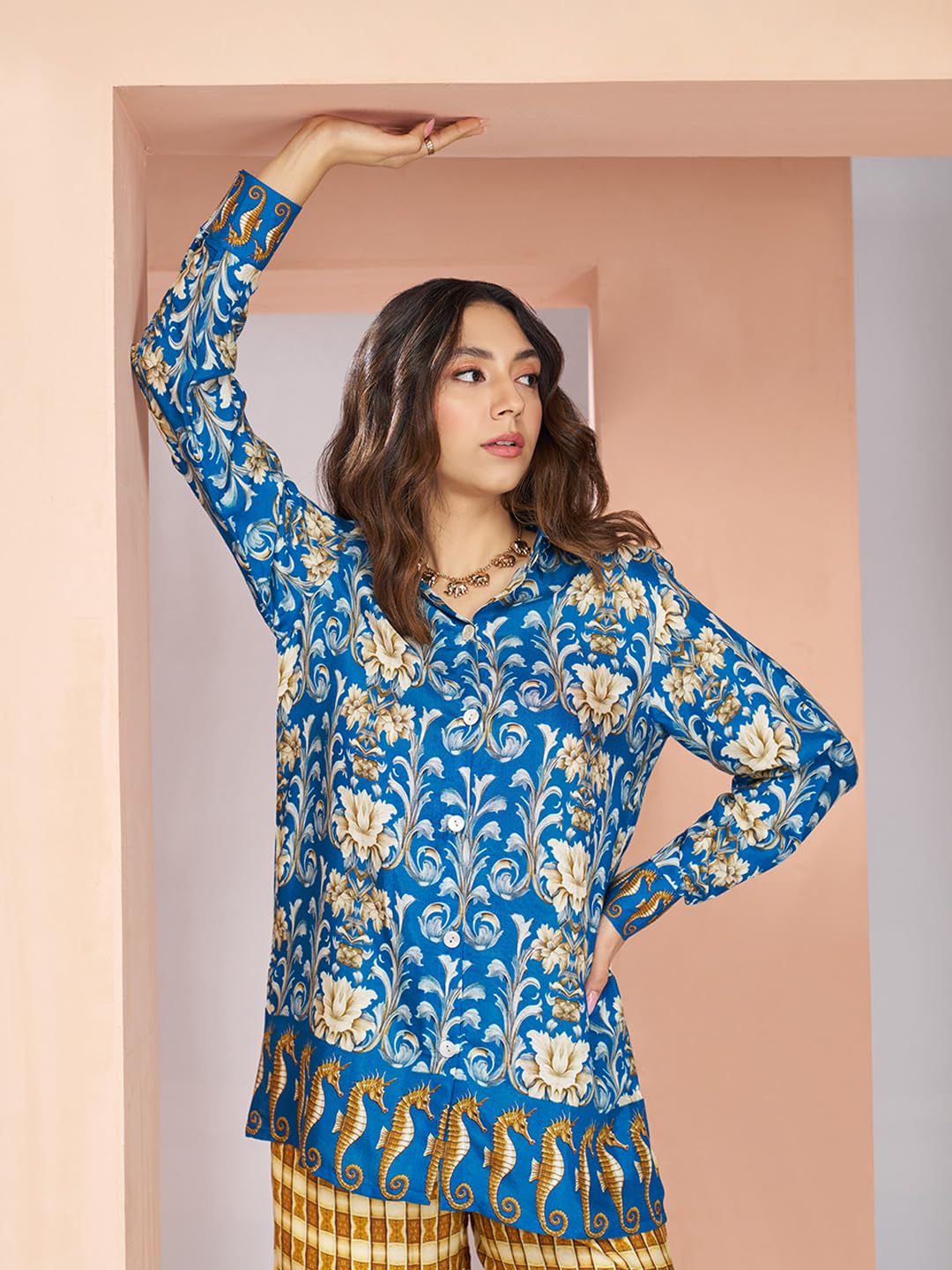 FUSIONIC Blue Yellow Printed Co-ord Set for Women 4