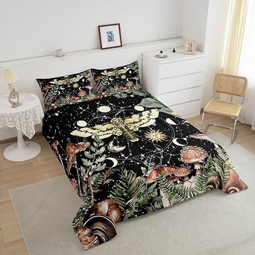 Miniatura 4 de Castle Fairy Juego de edredón de cama tamaño Queen, diseño de hongos y selva silvestre, diseño de calavera de polilla, juego de ropa de cama súper