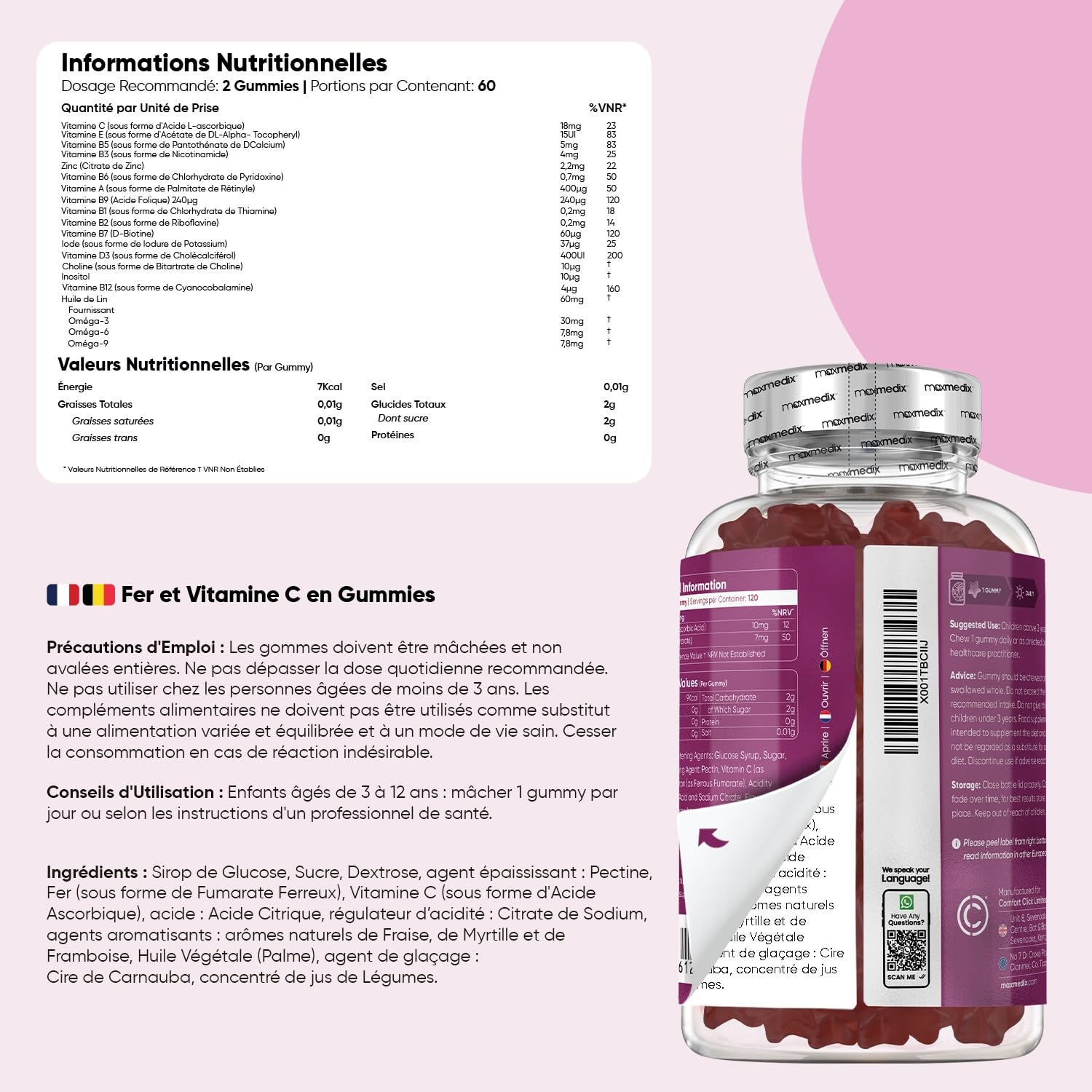 Vitamine Enfant Gummies dès 3 Ans - Multivitamines avec Oméga 3 6 9, Fer avec Vitamine C & Calcium et Vitamine D Enfant Gummies