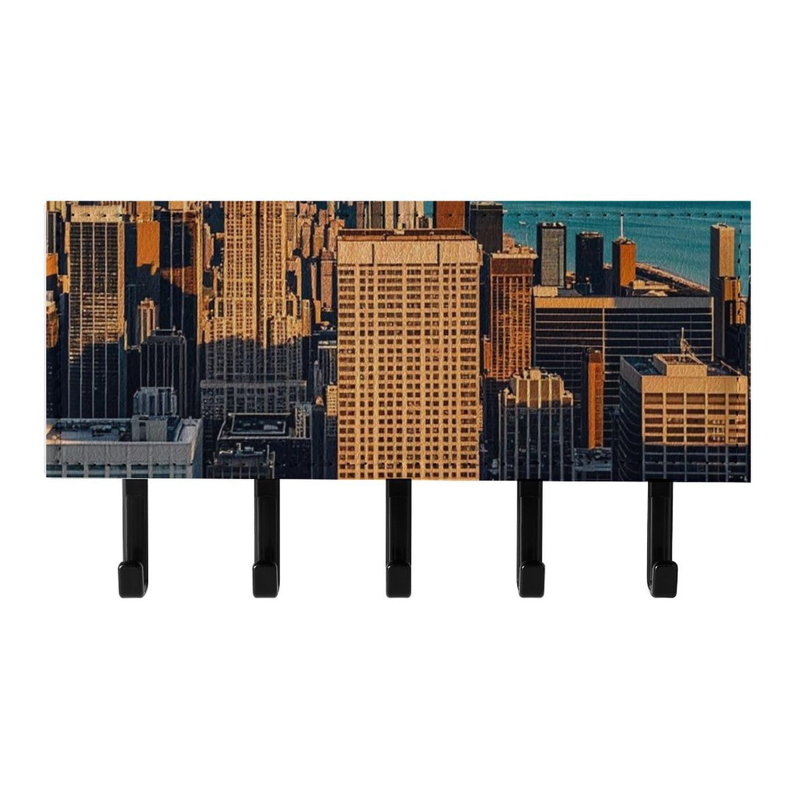 QMNLKH High Rise Buildings Skyscrapers Wall Mounted Key Rack for Home, No Drilling Key Holder with 5 Hooks, Self Adhesive Keys Chain Organizer for Hallway, Keys Hanger Shelf for Office, Doorway Black