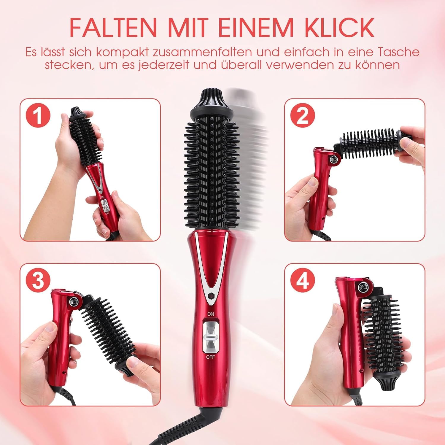 Rizador Eléctrico, Plancha de Pelo Plegable de 30 W con Cerámica Turmalina PTC, Cable Giratorio de 360°, Dientes Sin Plancha (Rojo Vino, Compacto y Portátil)