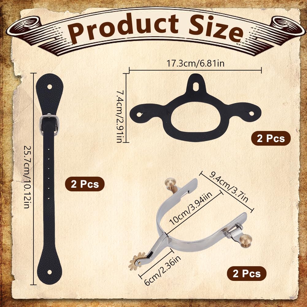 WEBEEDY 2 Paket Edelstahl Sporen für Cowboy Stiefel mit Festzurrgurten,Leder Gürteln,Western Pferd Reiten Sporen Drehbares Zahnrad für Cowboy Stiefel Training Wettbewerb Zubehör