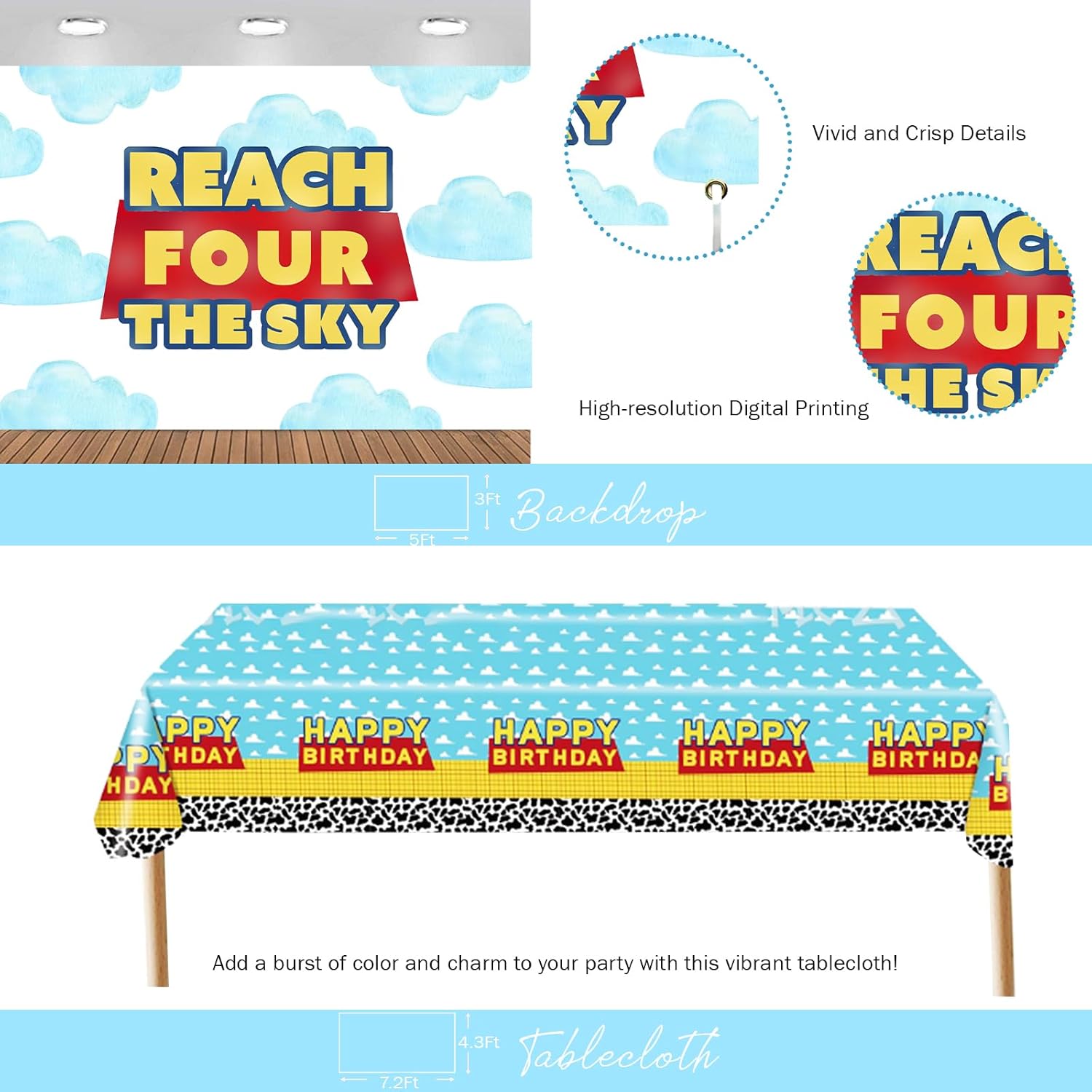 Reach for the Sky Birthday Decorations, 121 PCs - Toy Inspired Story 4th Birthday Party Supplies with Blue Cloud Backdrop, Balloon garland, Four Cake Topper