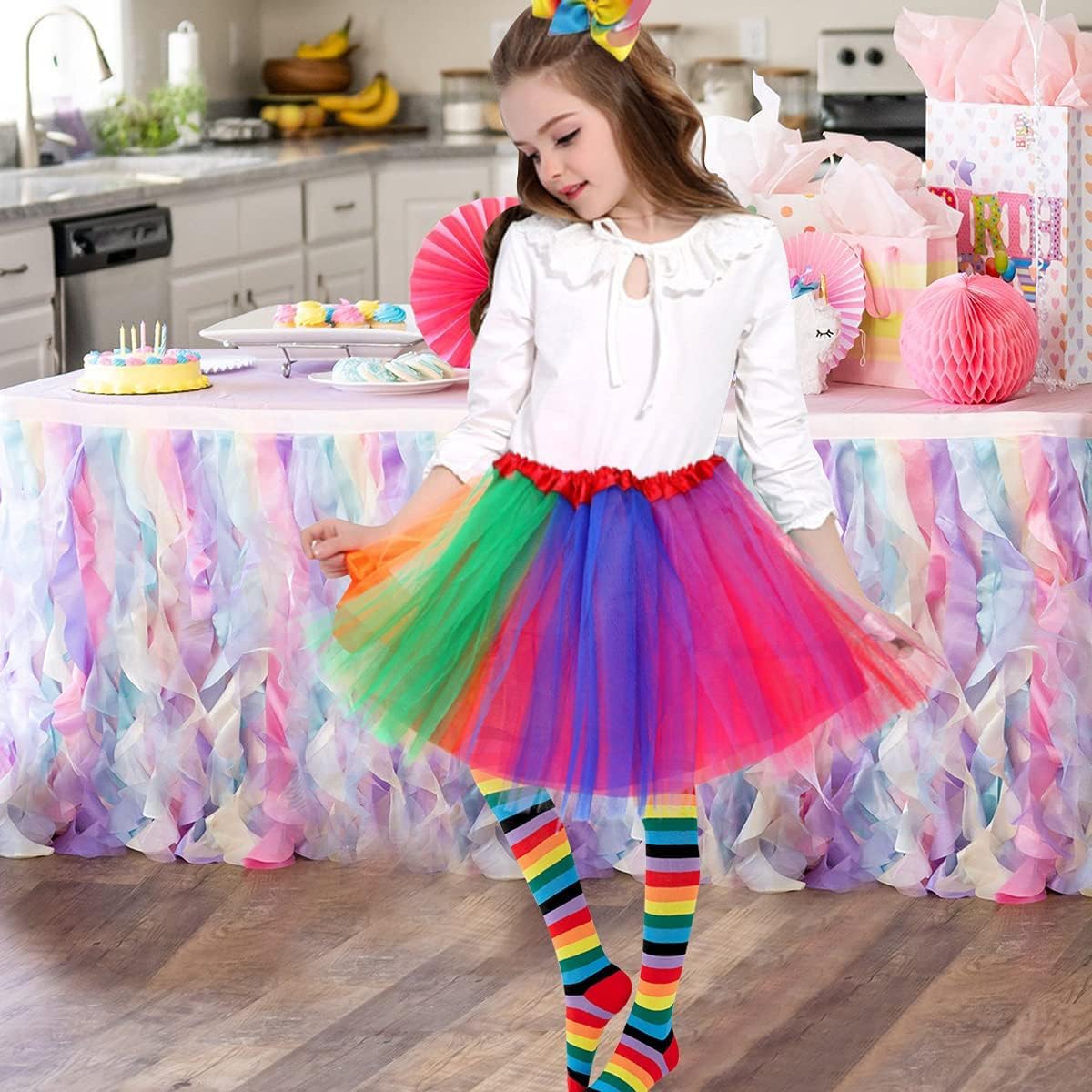Faylapa 1970s 1980s Fancy Outfits Rainbow Costume Accessories Christmas Party Dresses TuTu Skirt for Xmas Cosplay Christmas Decoration Party (Rainbow 3pcs) - Image 3