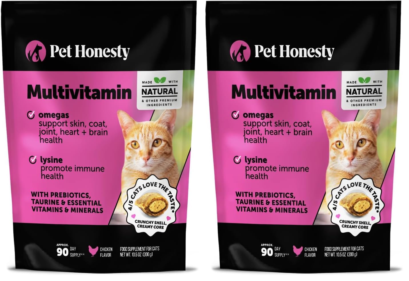 Cat Multivitamin Crunchy Creamy Chews - Daily Vitamins with Lysine, Prebiotics, Omega 3 Fish Oil - Cat Treats for Immune Support, Skin Coat, Digestion, Heart + Joint Health (90-Day Supply) (Pack of 2)