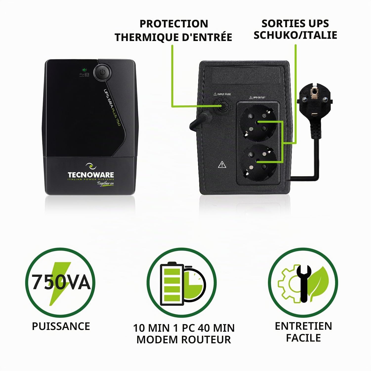 Tecnoware Power Systems UPS 750VA pour PC/Modem, pas pour gaming/console, onduleur ERA PLUS, 2 prises Schuko, protection surtension et coupure pour PC, modem, vidéosurveillance, caisse, NAS, POS