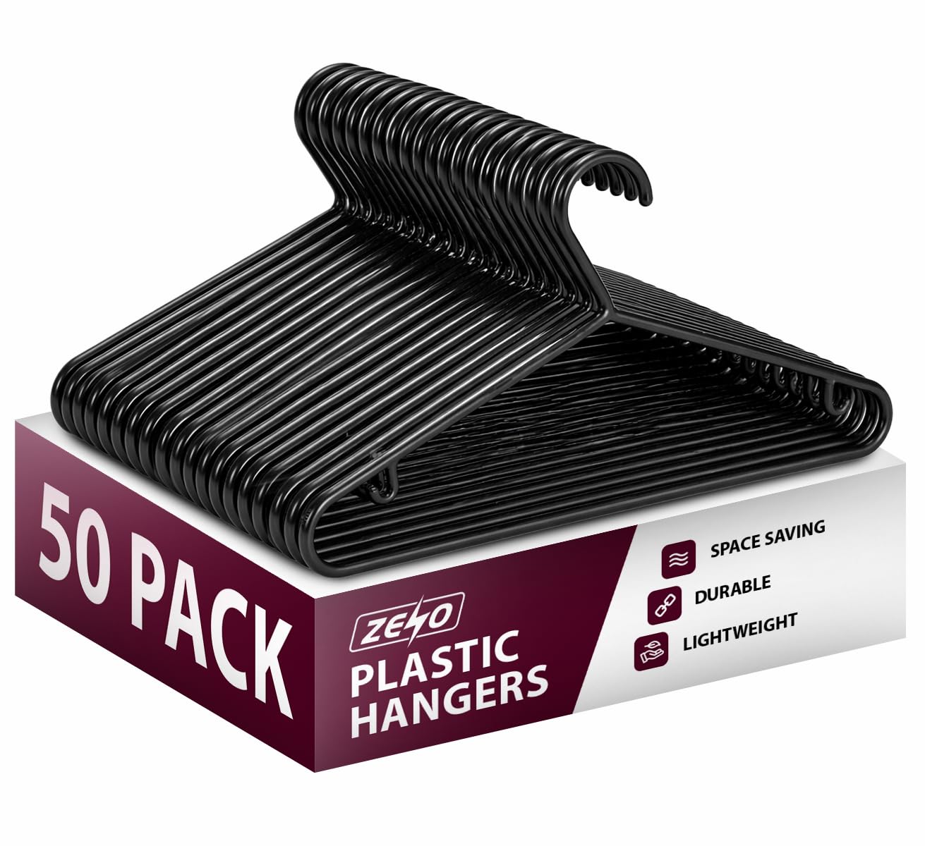 ZENO Plastic Coat Hangers 50 Pack | Strong Hangers for Clothes | Adult Coat Hanger for Clothes Rail & Closet | Non Slip Plastic Hanger with Trouser Bar & Clips | 38.5CM Wide