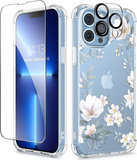 GVIEWIN Compatible with iPhone 13 Pro Max Case 6.7" 2021, with Tempered Glass Screen Protector + Camera Lens Protector, Flower Clear TPU Slim Bumper Shockproof Protective Soft Cover, Magnolia/White