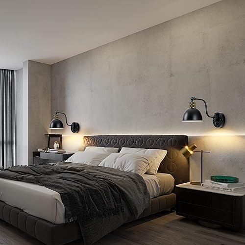 Miniatura 5 de Juego de 2 apliques de pared enchufables con brazo oscilante con interruptor regulable, estilo granja 2 en 1, aplique de pared con cableado, lámpara