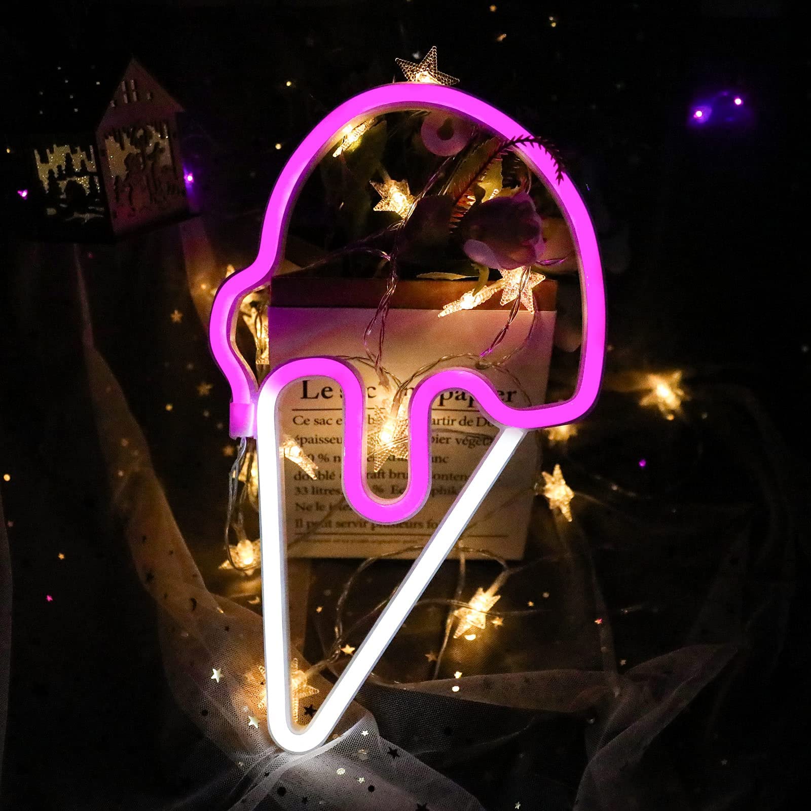 MAKINGTEC Led Neon Light Ice Cream Neon Signs for Wall Decor Battery or USB Powered Neon Night Light Neon Light Sign Art Wall Decorative Light for Home Birthday Party Children Supply Gifts-Pink White